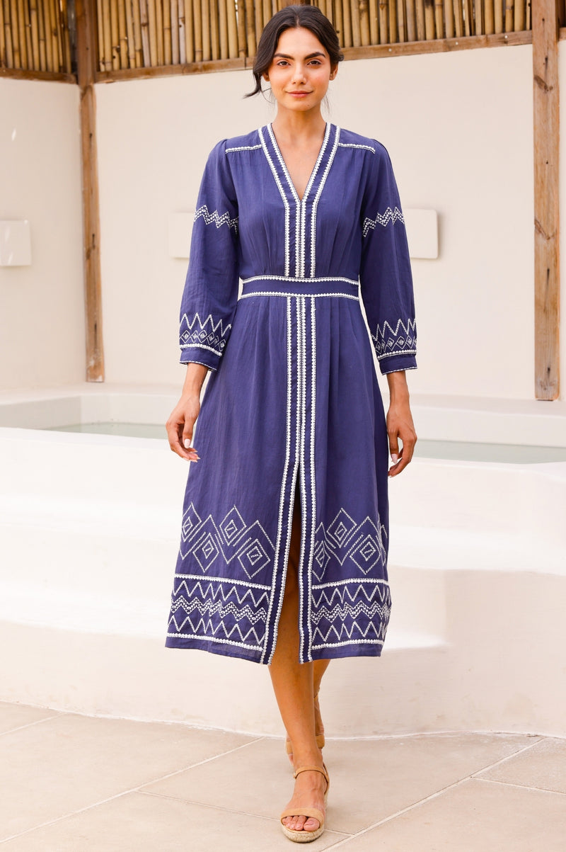 blue dress white embroidery Womens Aspiga Blue Jamila Embroidered Dress M (US 8-10)