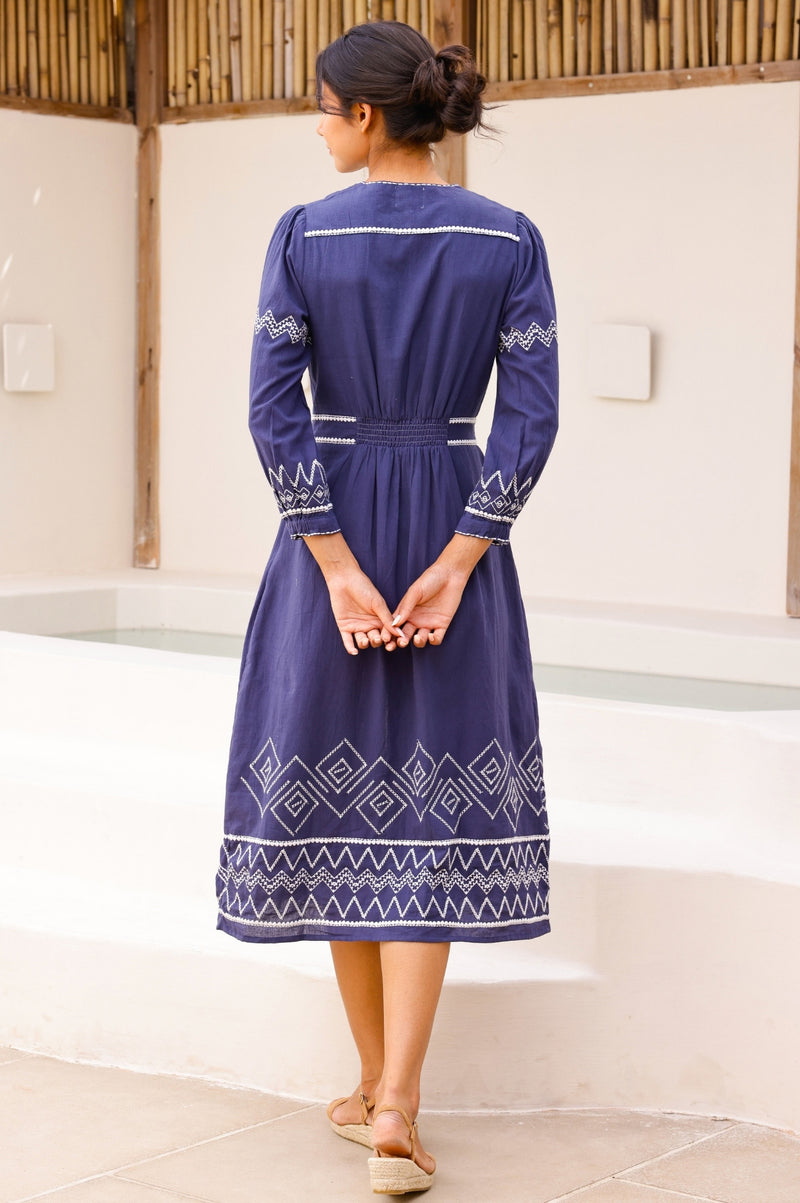 Jamila Embroidered Dress | Navy/White