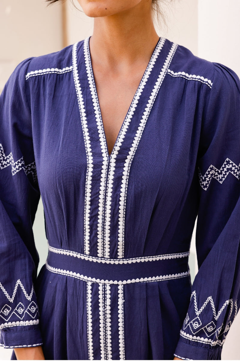 Jamila Embroidered Dress | Navy/White