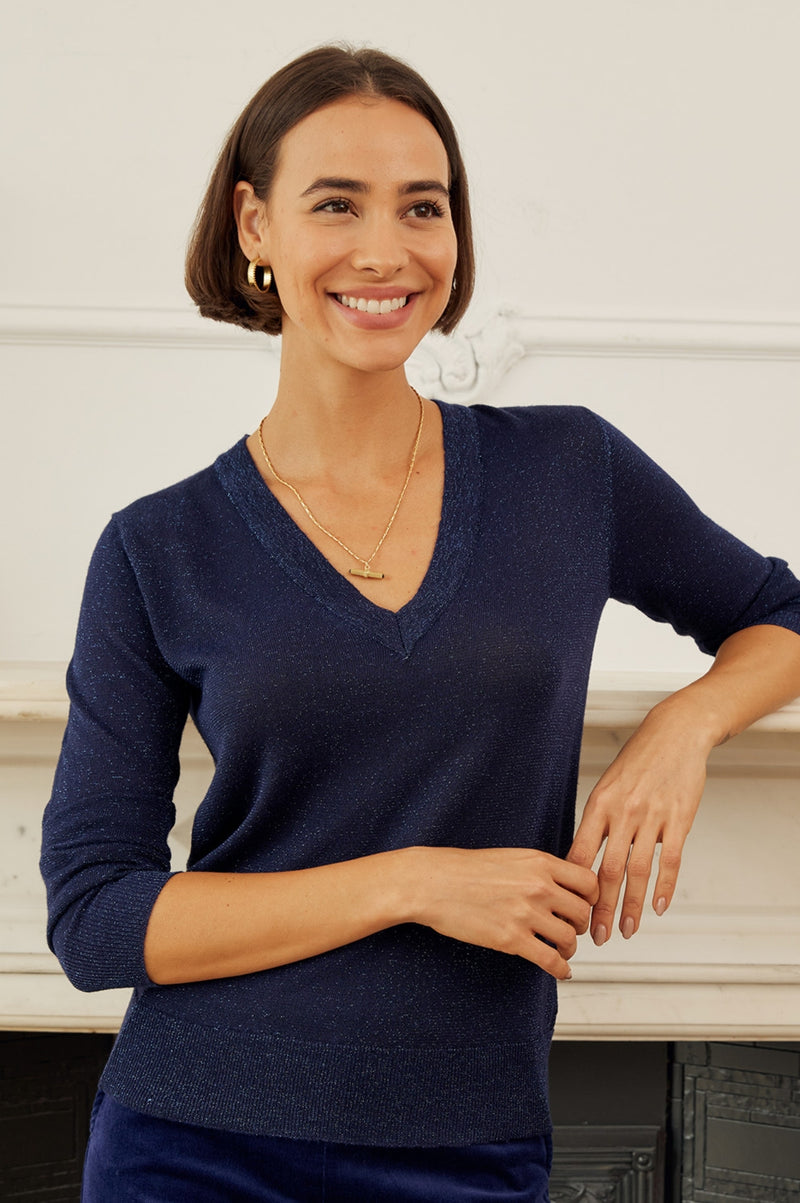 Metallic Knit V-Neck Jumper | Navy