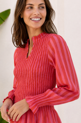 Long Sleeve Stripe Shirred Blouse | Red/Pink