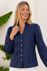 Notch Neck Cotton Poplin Blouse | Navy