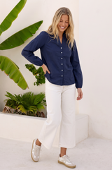 Notch Neck Cotton Poplin Blouse | Navy