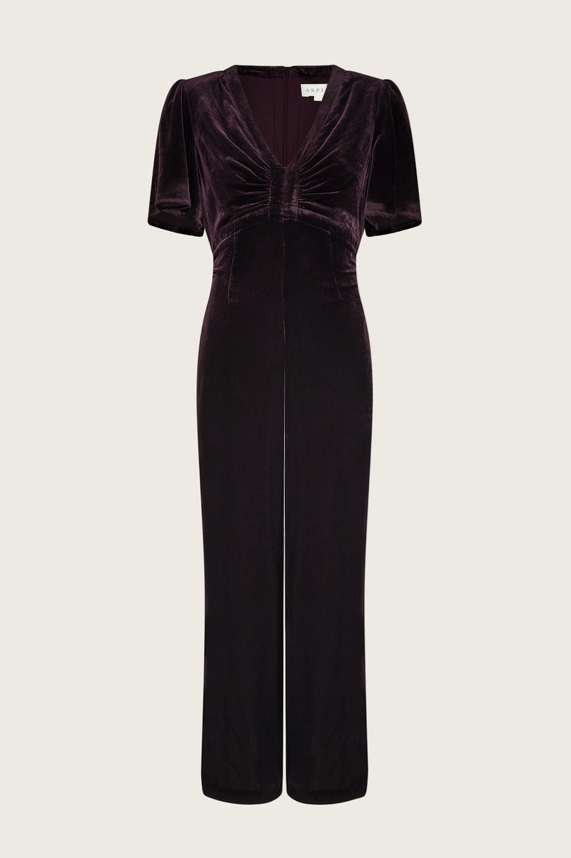 Anais Velvet V-Neck Jumpsuit | Aubergine