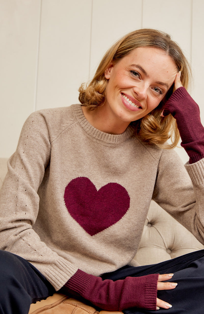 Cashmere Blend Hearts Crew Neck Jumper | Oat/Fig