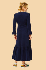 Victoria V-Neck Long Sleeve Stretch Corduroy Dress | Atlantic Blue
