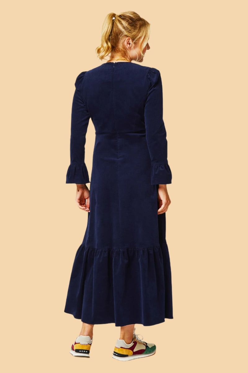 Victoria V-Neck Long Sleeve Stretch Corduroy Dress | Atlantic Blue