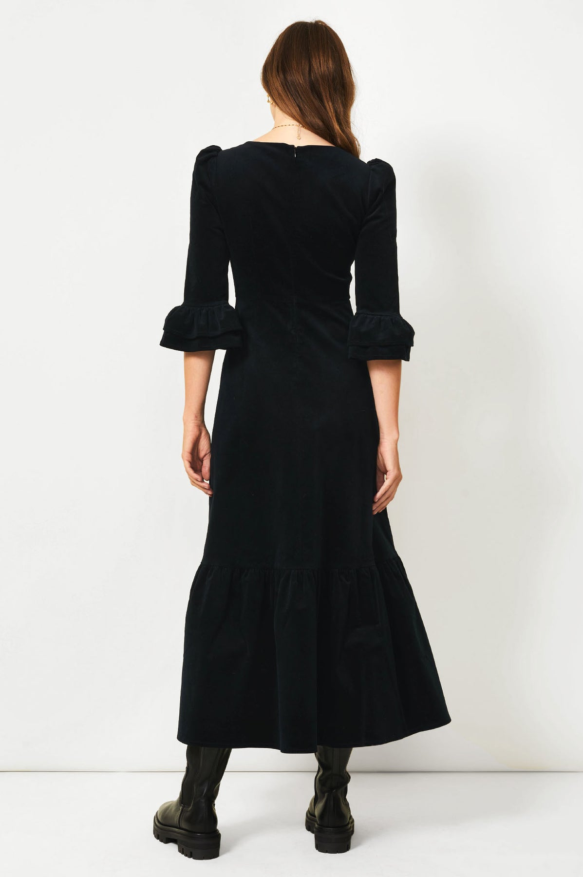 Victoria Round Neck 3/4 Sleeve Stretch Corduroy Dress | Black – Aspiga
