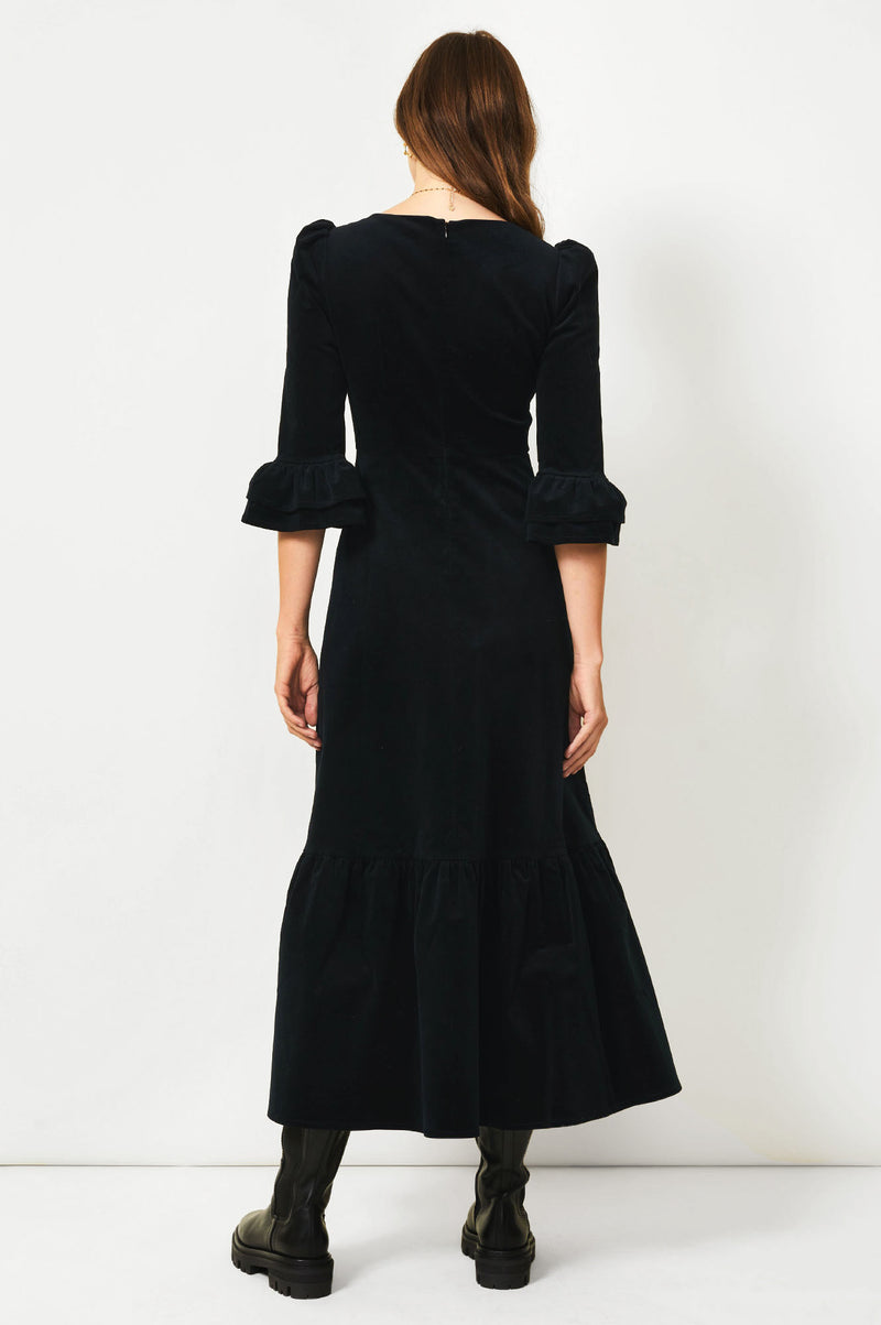 Victoria Round Neck 3/4 Sleeve Stretch Corduroy Dress | Black
