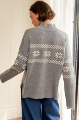 Cashmere Blend Fairisle Funnel Neck Jumper  | Grey/Cream