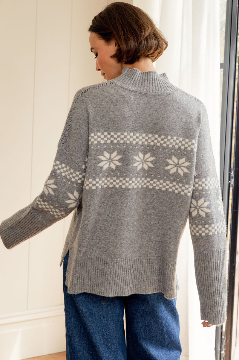 Cashmere Blend Fairisle Funnel Neck Jumper  | Grey/Cream
