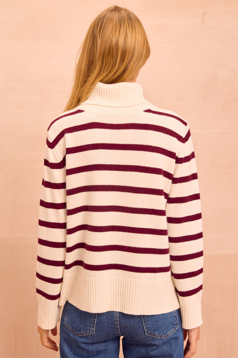 Cashmere Blend Striped Roll Neck Jumper | Cream/Fig