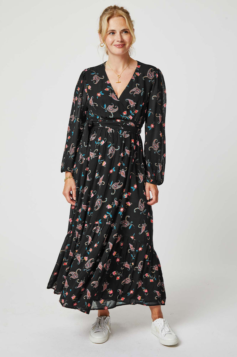 Aspiga Ladies Sustainable Etti Georgette Black Pink Wrap Dress