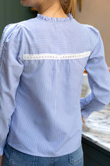 Close-up back view of the Aspiga Long Sleeved Striped Lace Vienna Blouse in Blue/White Stripe, showing the lace trim detail