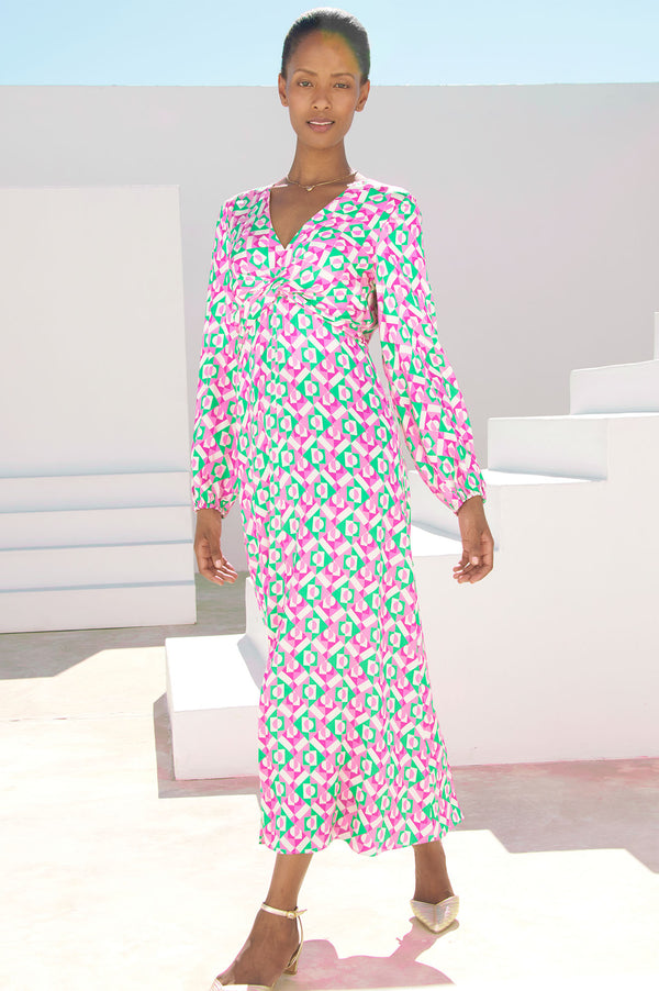Katriona Satin Dress | Tropical Geo Green/Pink