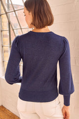 Metallic Knit Crew Neck Jumper | Navy