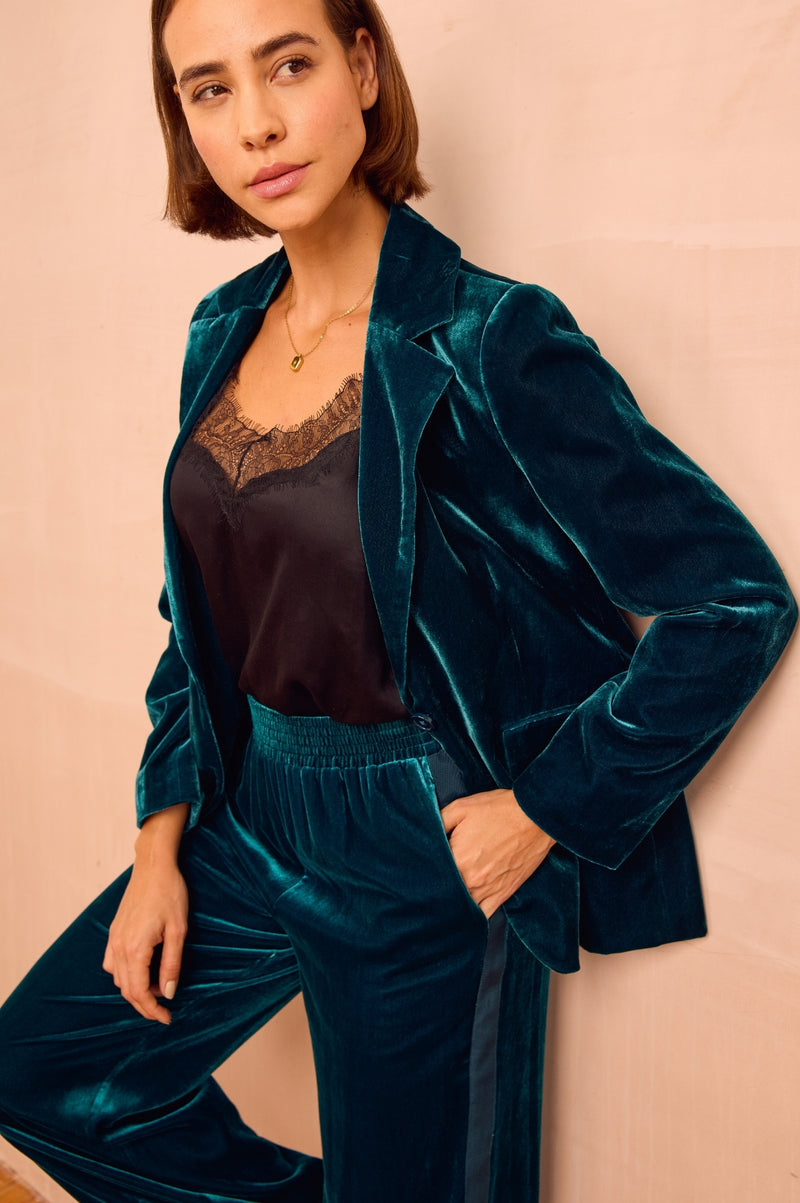 Velvet Side Stripe Trousers | Teal