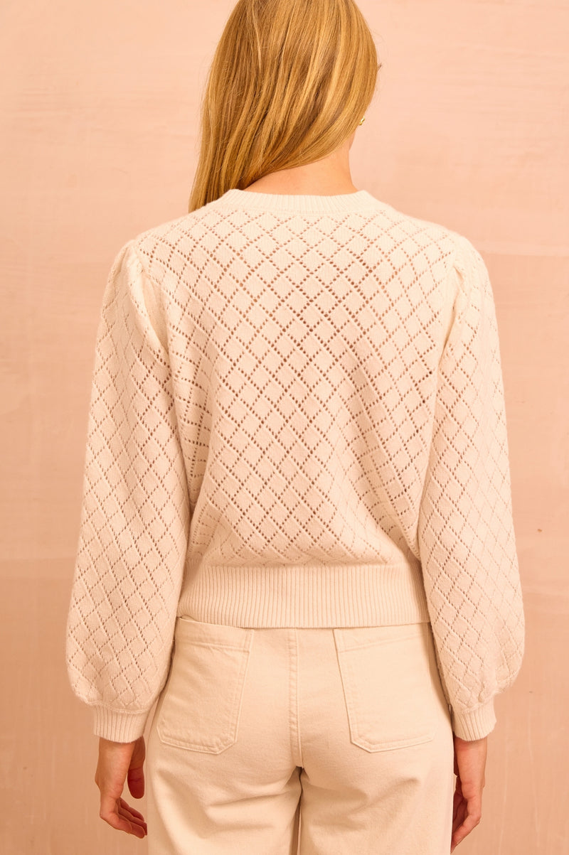 Pointelle Puff Shoulder Crew Neck Jumper | Ivory
