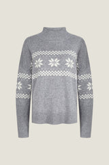 Cashmere Blend Fairisle Funnel Neck Jumper  | Grey/Cream
