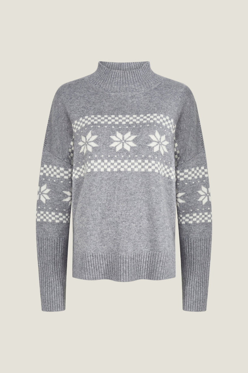 Cashmere Blend Fairisle Funnel Neck Jumper  | Grey/Cream