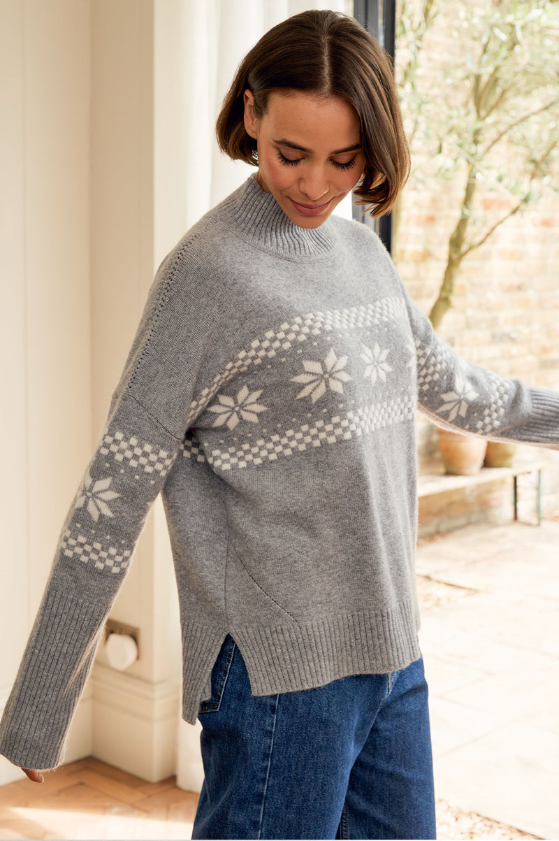 Cashmere Blend Fairisle Funnel Neck Jumper  | Grey/Cream