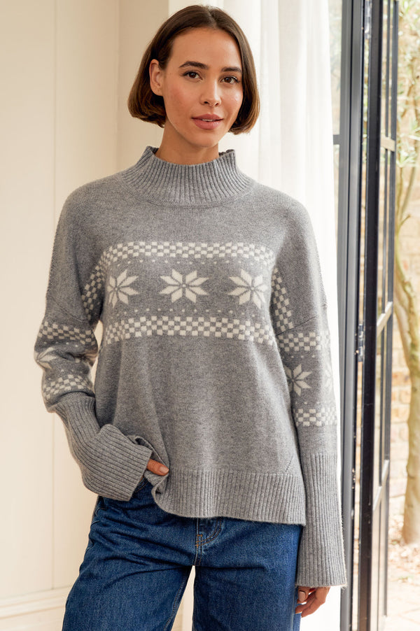 Cashmere Blend Fairisle Funnel Neck Jumper  | Grey/Cream