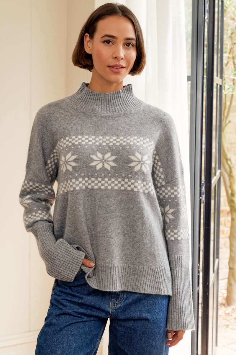 Cashmere Blend Fairisle Funnel Neck Jumper  | Grey/Cream