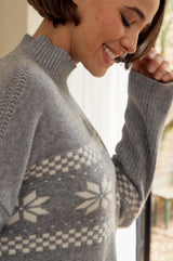 Cashmere Blend Fairisle Funnel Neck Jumper  | Grey/Cream
