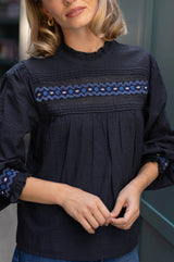 Seersucker Embroidered Blouse | Navy
