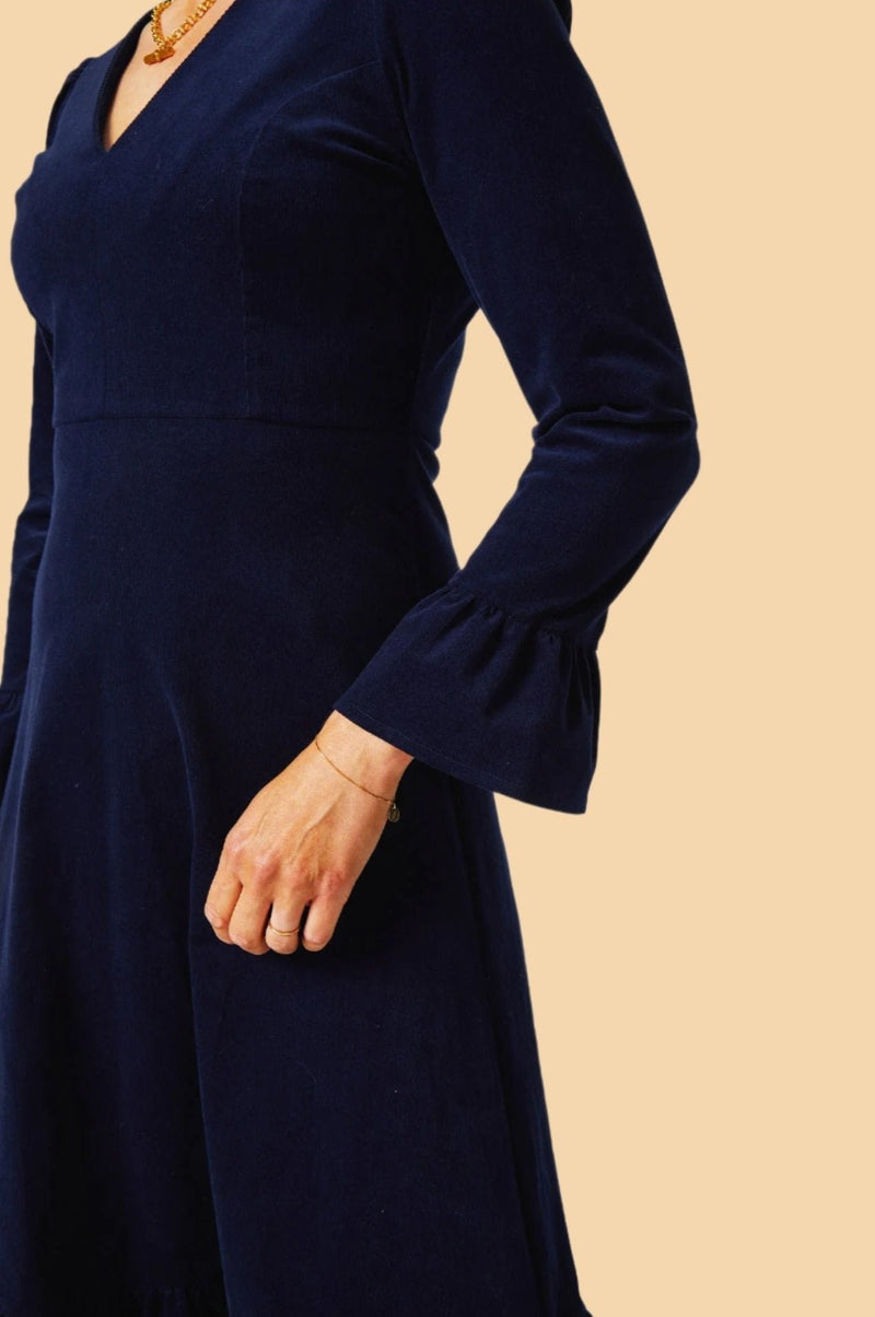 Victoria V-Neck Long Sleeve Stretch Corduroy Dress | Atlantic Blue