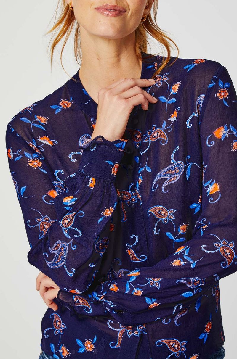 Maisie Viscose Georgette Shirt | Budding Paisley Navy/Orange