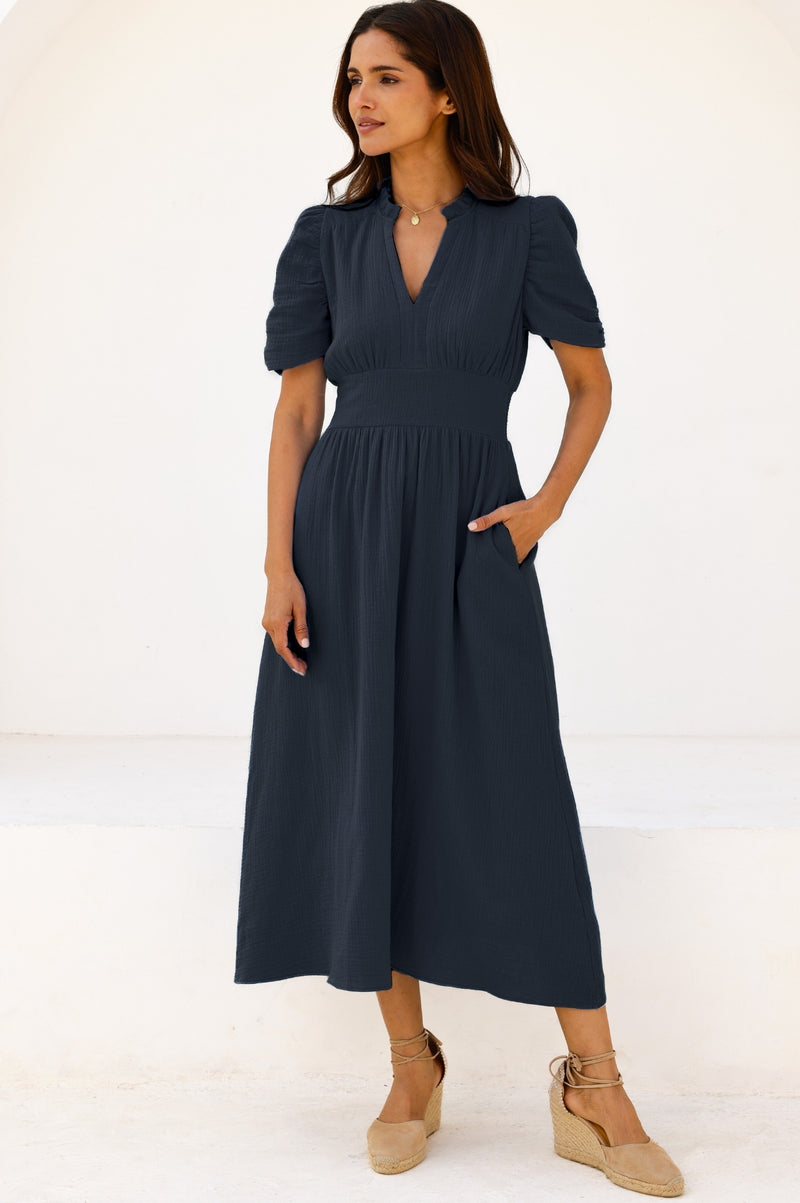 Aspiga Ladies Sustainable Esha Cheesecloth Cotton Dress Navy Blue Aspiga Ladies Sustainable Esha Cheesecloth Cotton Dress Navy Blue
