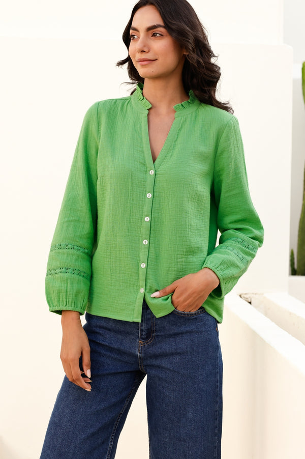 Mina Organic Cotton Cheesecloth Blouse | Green