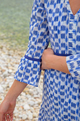 Hayden Organic Cotton Dress | Ikat White/Blue