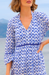 Hayden Organic Cotton Dress | Ikat White/Blue