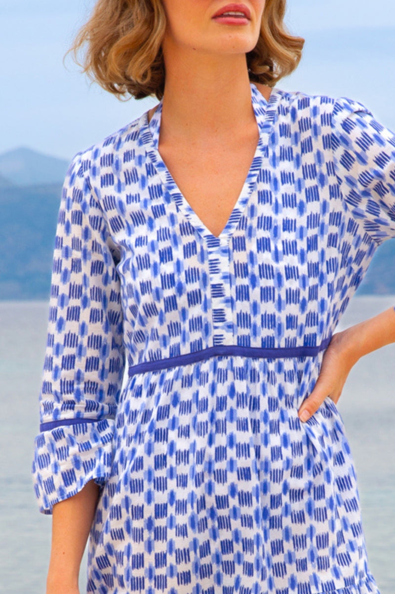 Hayden Organic Cotton Dress | Ikat White/Blue