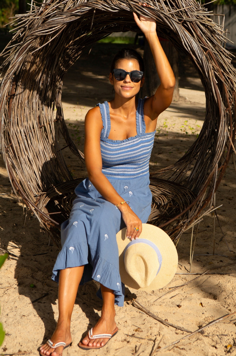 Rhianna Embroidered Dress | Blue/Grey/White