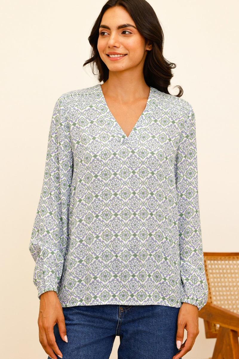 Clea Blouse | Flower Tile Green/Lilac