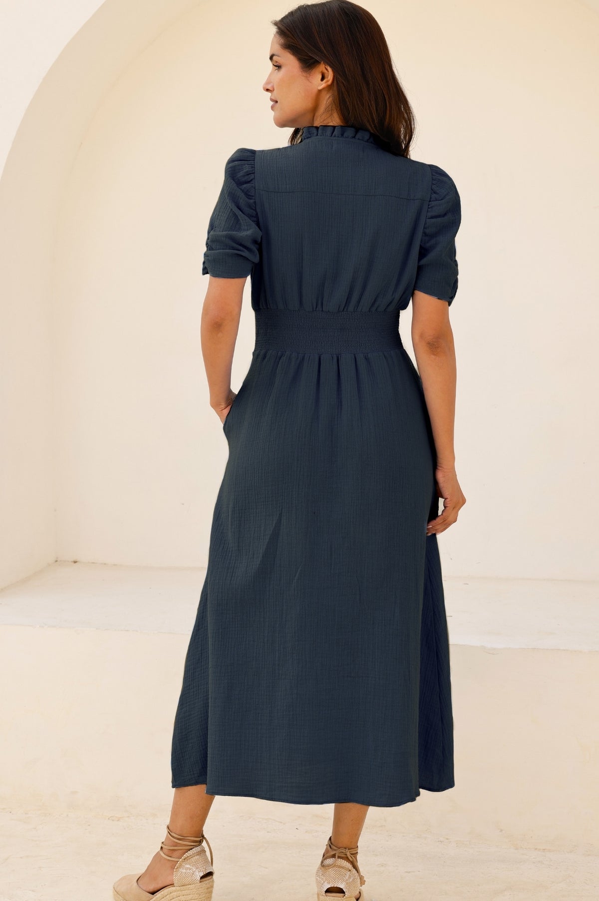 Aspiga Ladies Sustainable Esha Cheesecloth Cotton Dress Navy Blue