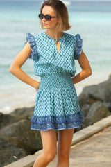 Macy Organic Cotton Block Print Dress | Buti Turquoise/Blue