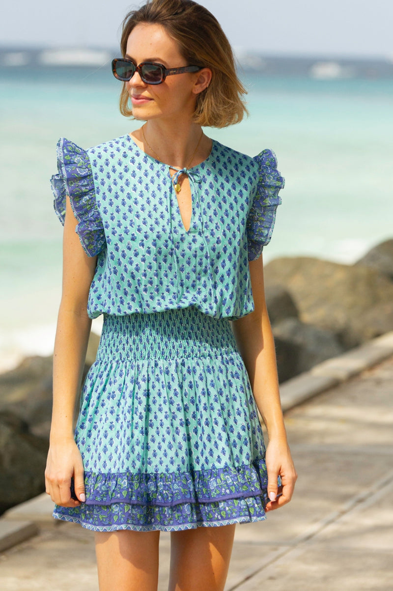 Macy Organic Cotton Block Print Dress | Buti Turquoise/Blue
