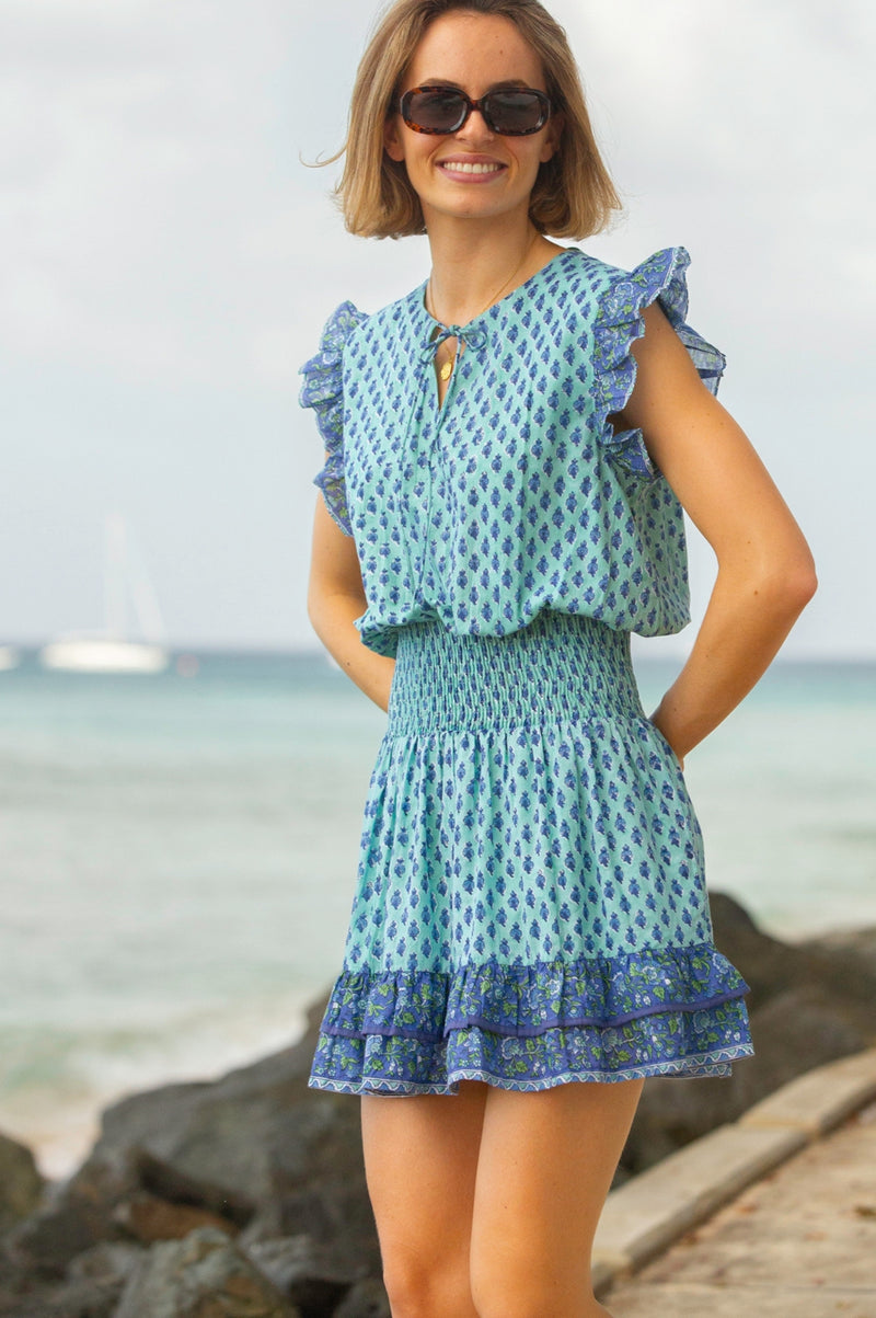 Macy Organic Cotton Block Print Dress | Buti Turquoise/Blue