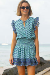 Macy Organic Cotton Block Print Dress | Buti Turquoise/Blue