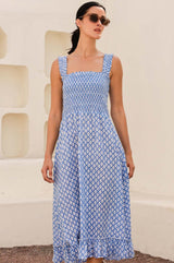 Rhianna Organic Cotton Dress | Flower Stamp Cornflower/White