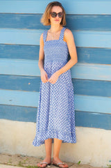 Rhianna Organic Cotton Dress | Flower Stamp Cornflower/White