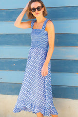 Rhianna Organic Cotton Dress | Flower Stamp Cornflower/White