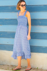 Rhianna Organic Cotton Dress | Flower Stamp Cornflower/White
