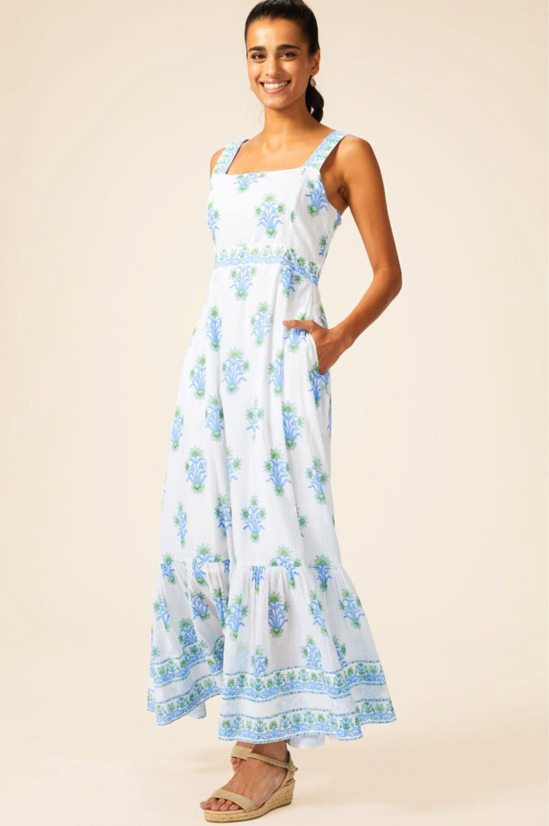 Aurelia Block Print Dress | White/Blue