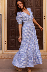 Billie Short Sleeve Organic Cotton Dress | Flower Stamp Cornflower/White