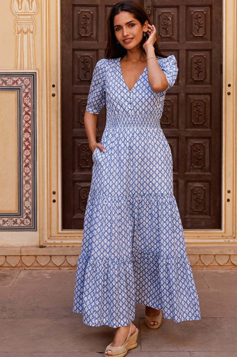 Billie Short Sleeve Organic Cotton Dress | Flower Stamp Cornflower/White